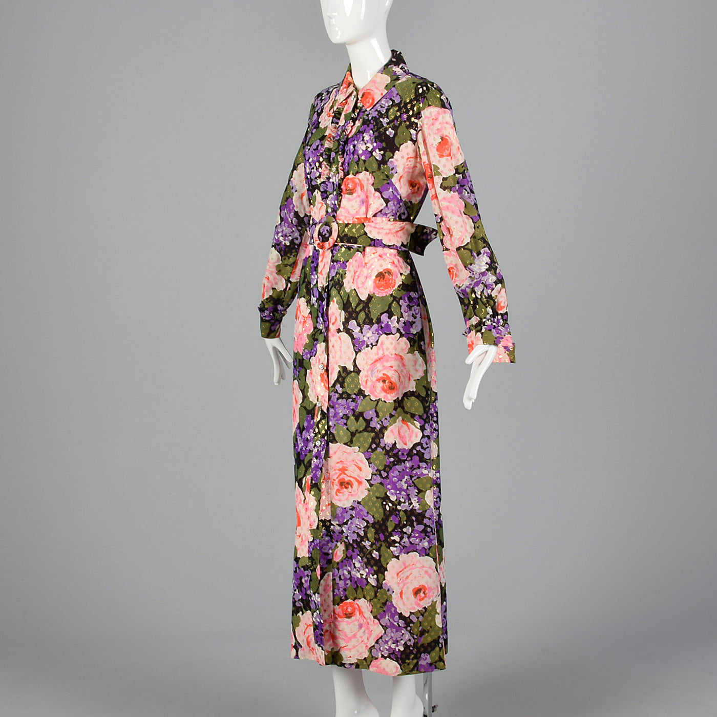 1970s Floral Maxi Dress with Metallic Polka Dots