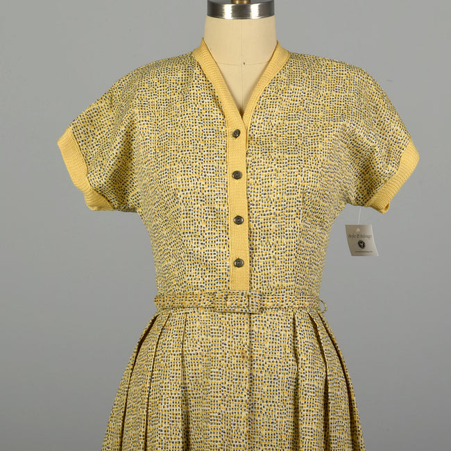 Large 1950s Yellow and Gray Geometric Print Day Dress with Belt