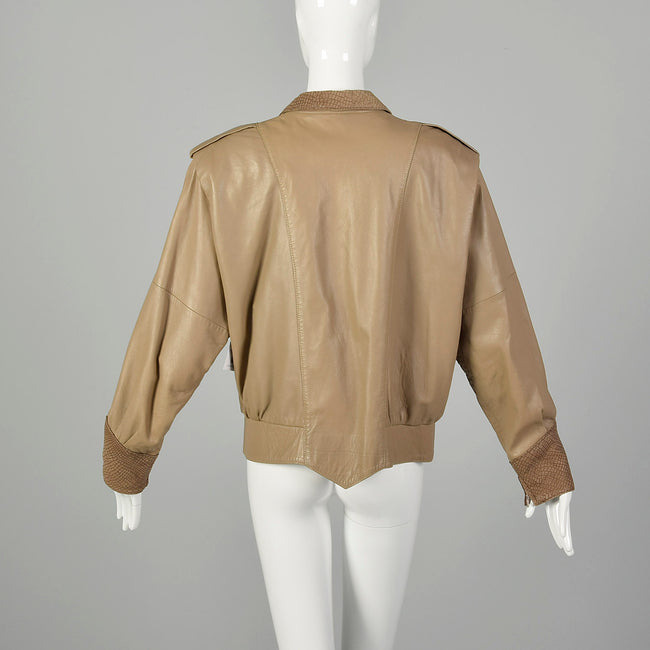 Small 1980s Oversized Leather Jacket with Batwing Sleeves