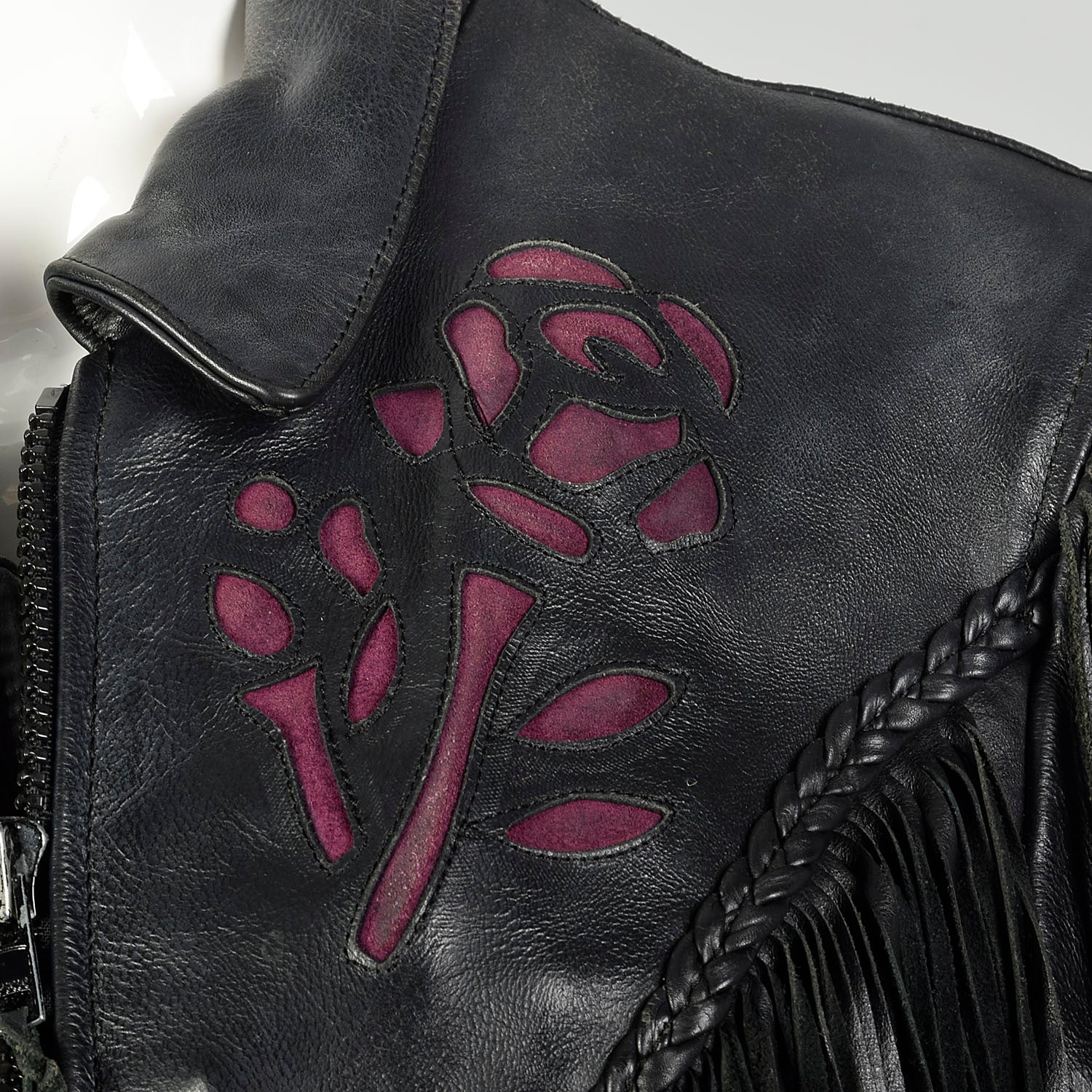 Small 1980s Black Leather Biker Jacket Fringe Purple Rose Inlays Zip Out Lining