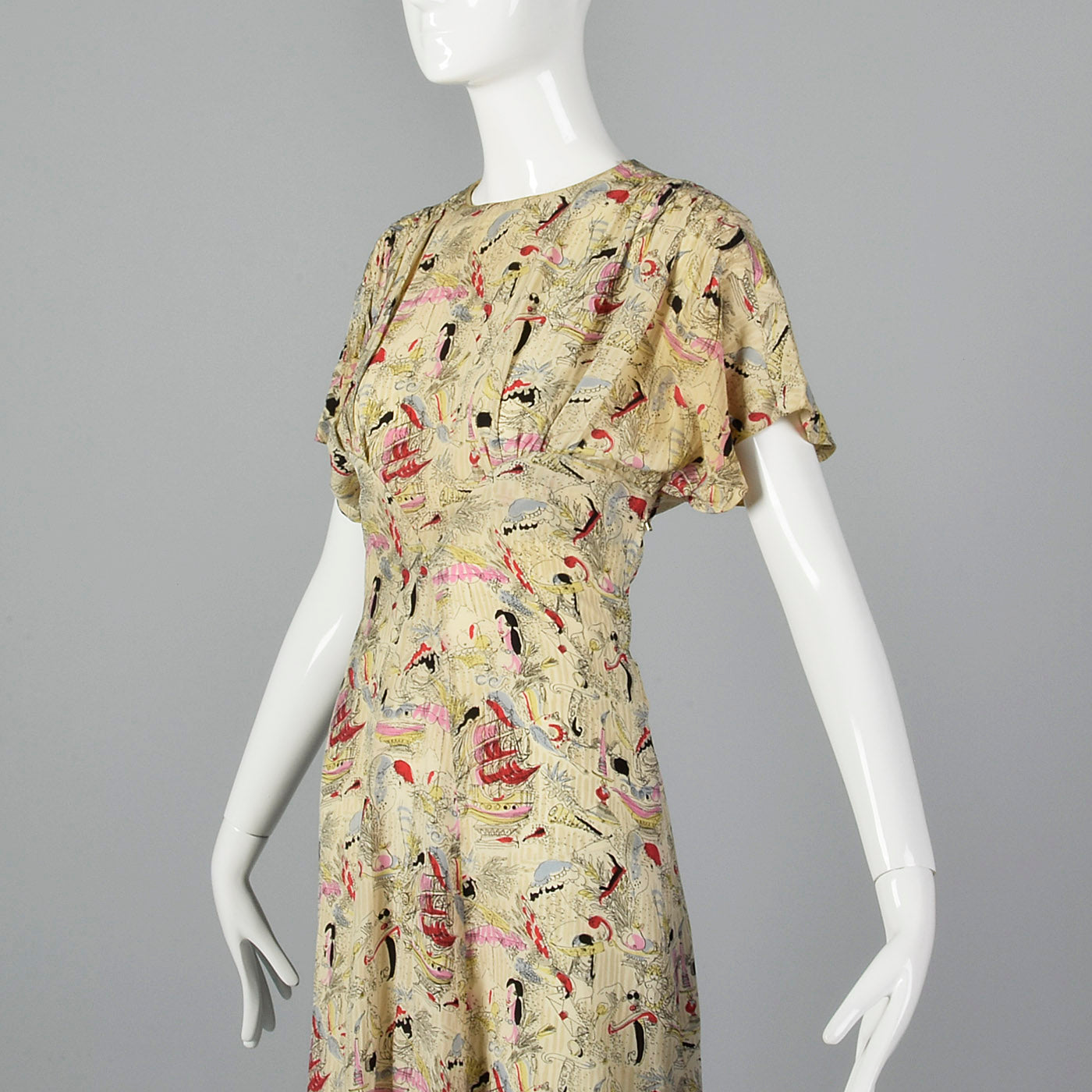 1940s Novelty Print Silk Dress with Neck Tie