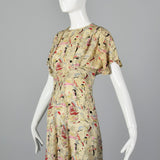 1940s Novelty Print Silk Dress with Neck Tie