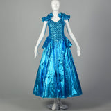1980s Electric Blue Lame Prom Dress Full Length Formal Evening Gown Sequin Bodice