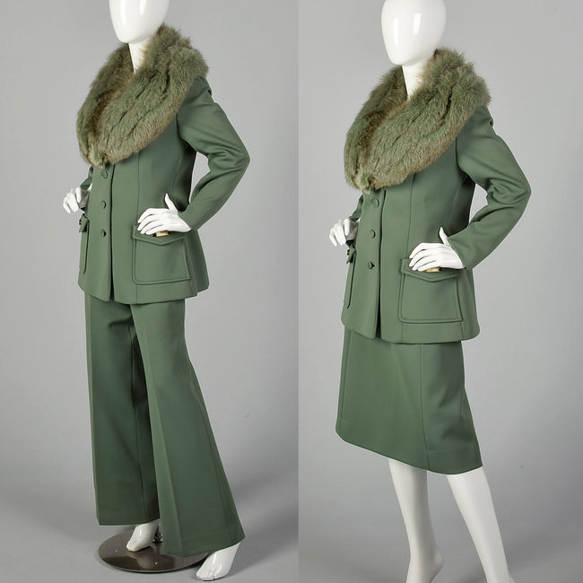 Medium Lilii Ann 1970s Green Fox Fur Collar Jacket Pants Skirt  Suit