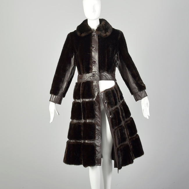 XS 1970s Convertible Brown Faux Fur Coat Leather Bolero Jacket