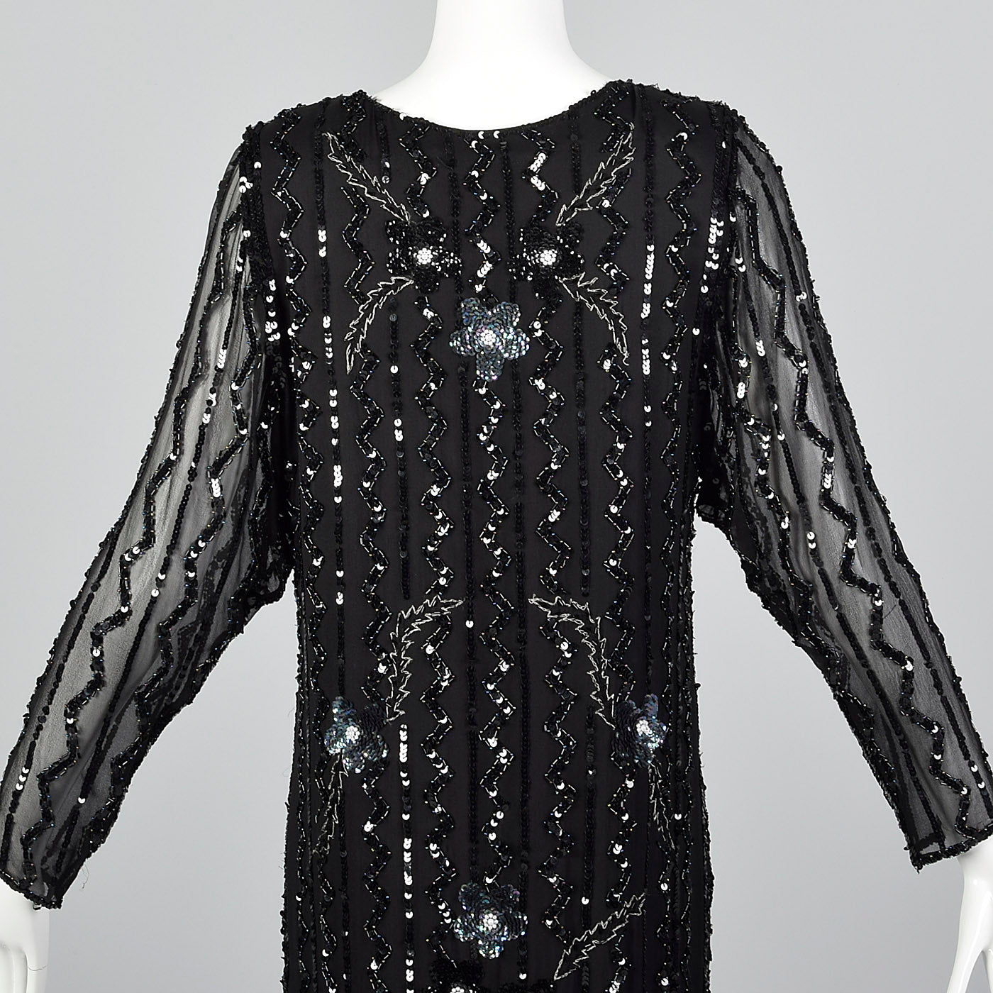 1990s Oleg Cassini Black Silk Beaded Dress
