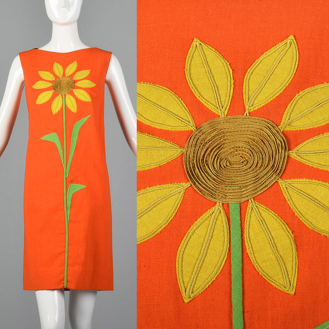 1960s Orange Shift Dress with Sunflower Applique