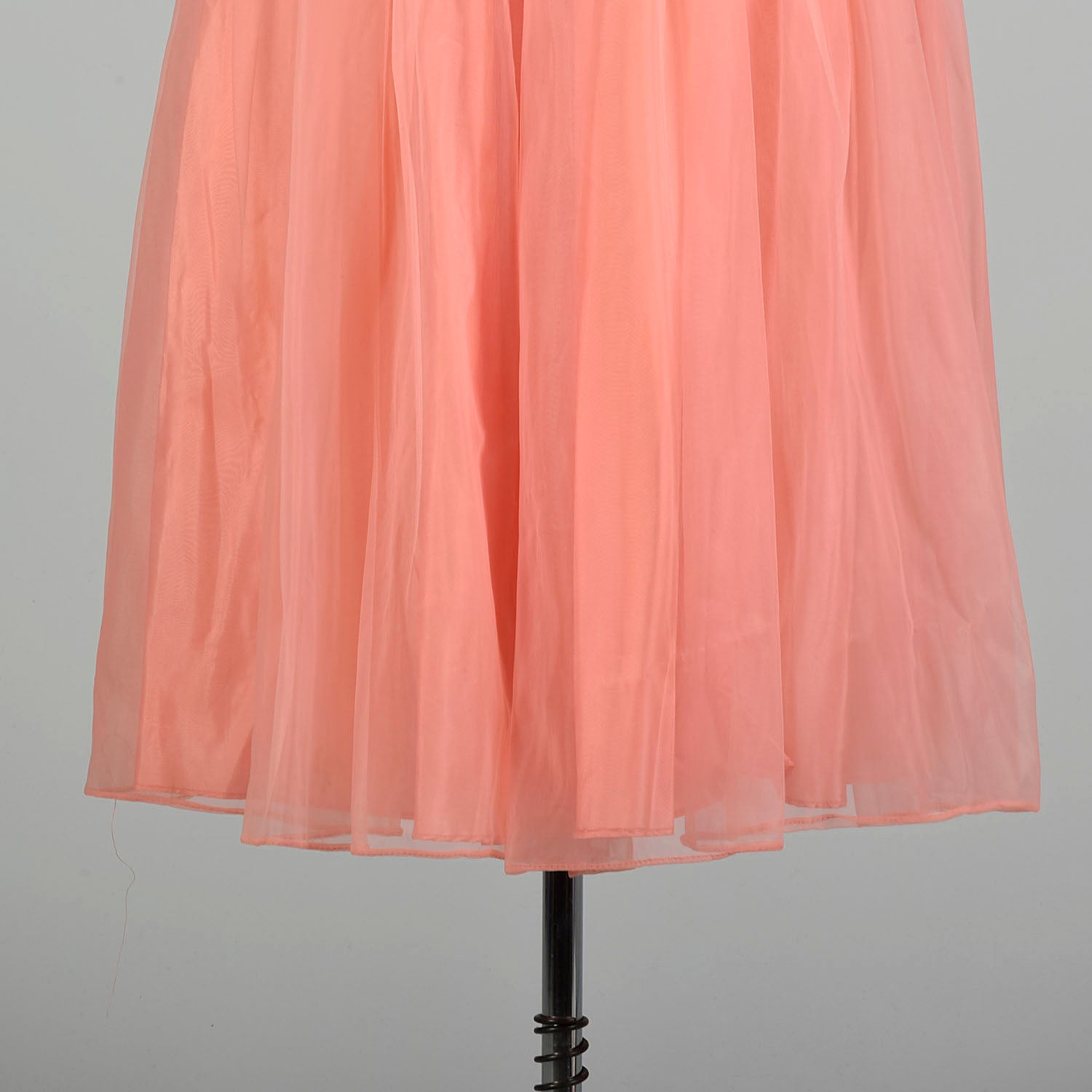 Small 1950s Pink Coral Prom Dress Bead Embellished Ruched Chiffon Bodice