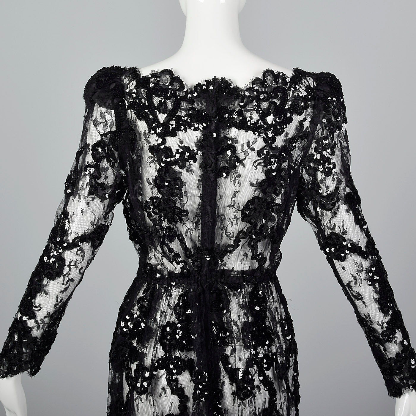 1980s Sheer Black Lace Dress with Sequins & Scalloped Hem