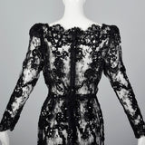 1980s Sheer Black Lace Dress with Sequins & Scalloped Hem