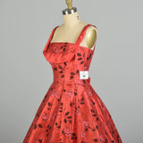 XS 1950s AS IS Red Fit & Flare Novelty Rose Print Shelf Bust Cocktail Dress