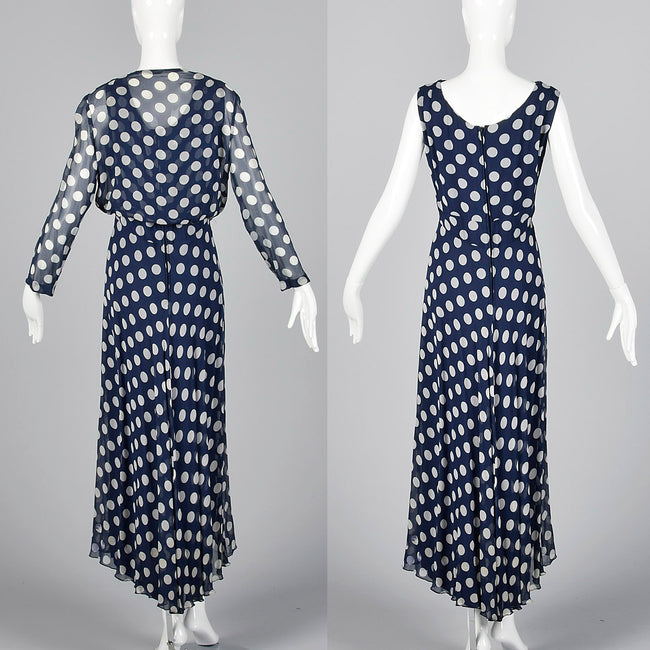 1970s Navy Dress with White Polka Dots
