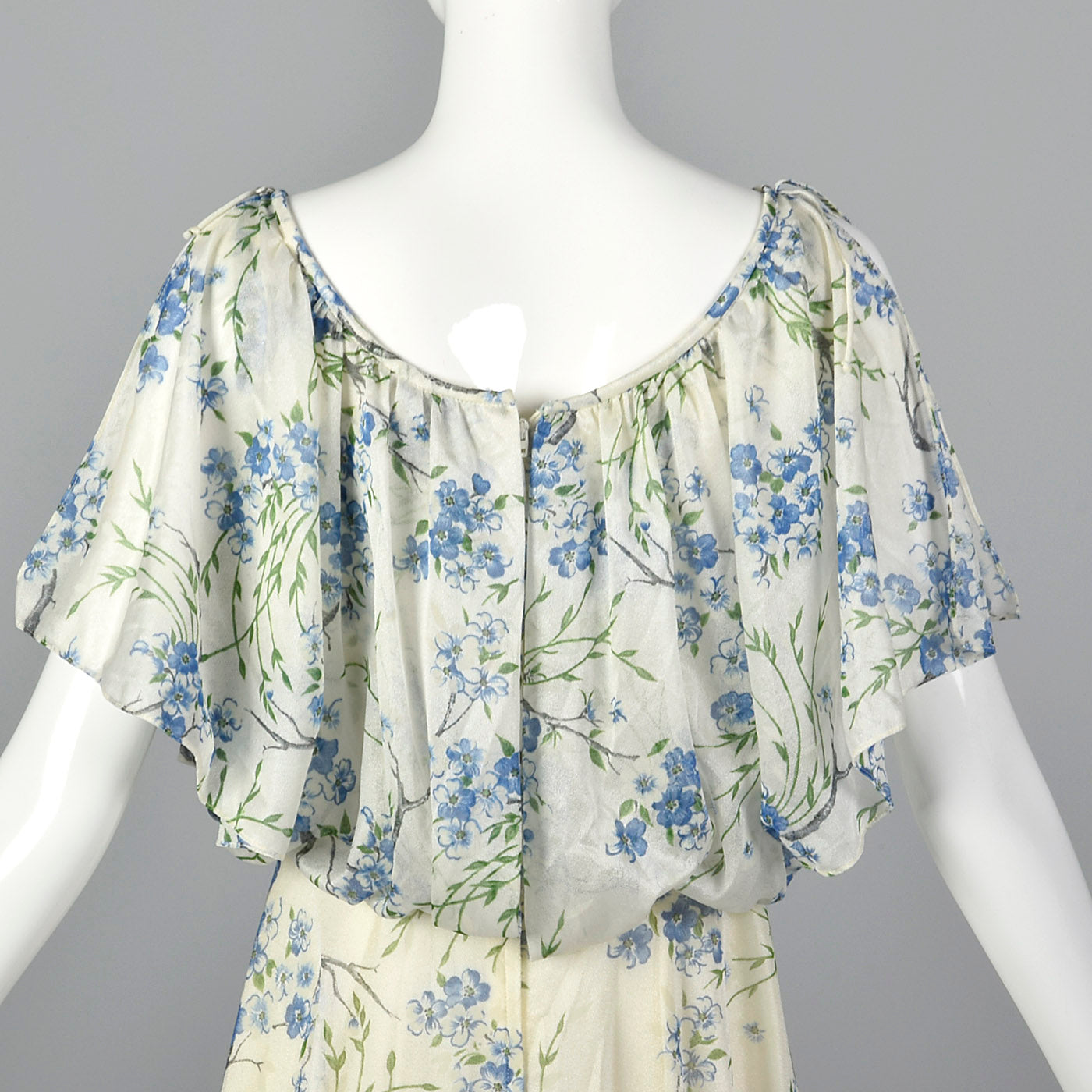 1970s Blue Floral Maxi Dress with Cold Shoulders