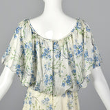 1970s Blue Floral Maxi Dress with Cold Shoulders