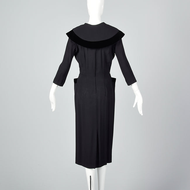 1950s Black Rayon Dress with Velvet Trim and Shawl Collar