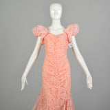 Medium 1980s Pink Lace Puff Sleeve Trumpet Skirt Formal Evening Prom Dress