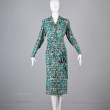 1940s Aqua Blue and Taupe Rayon Dress