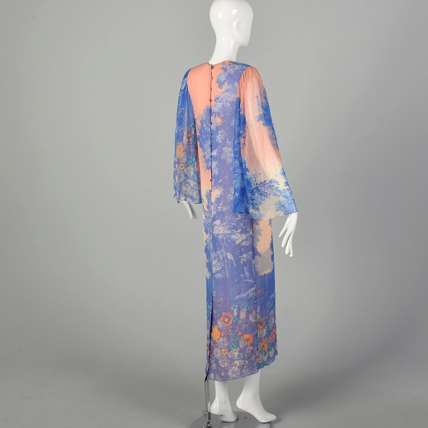 Small 1980s Hanae Mori Dress Blue Woodland Print Lightweight Silk