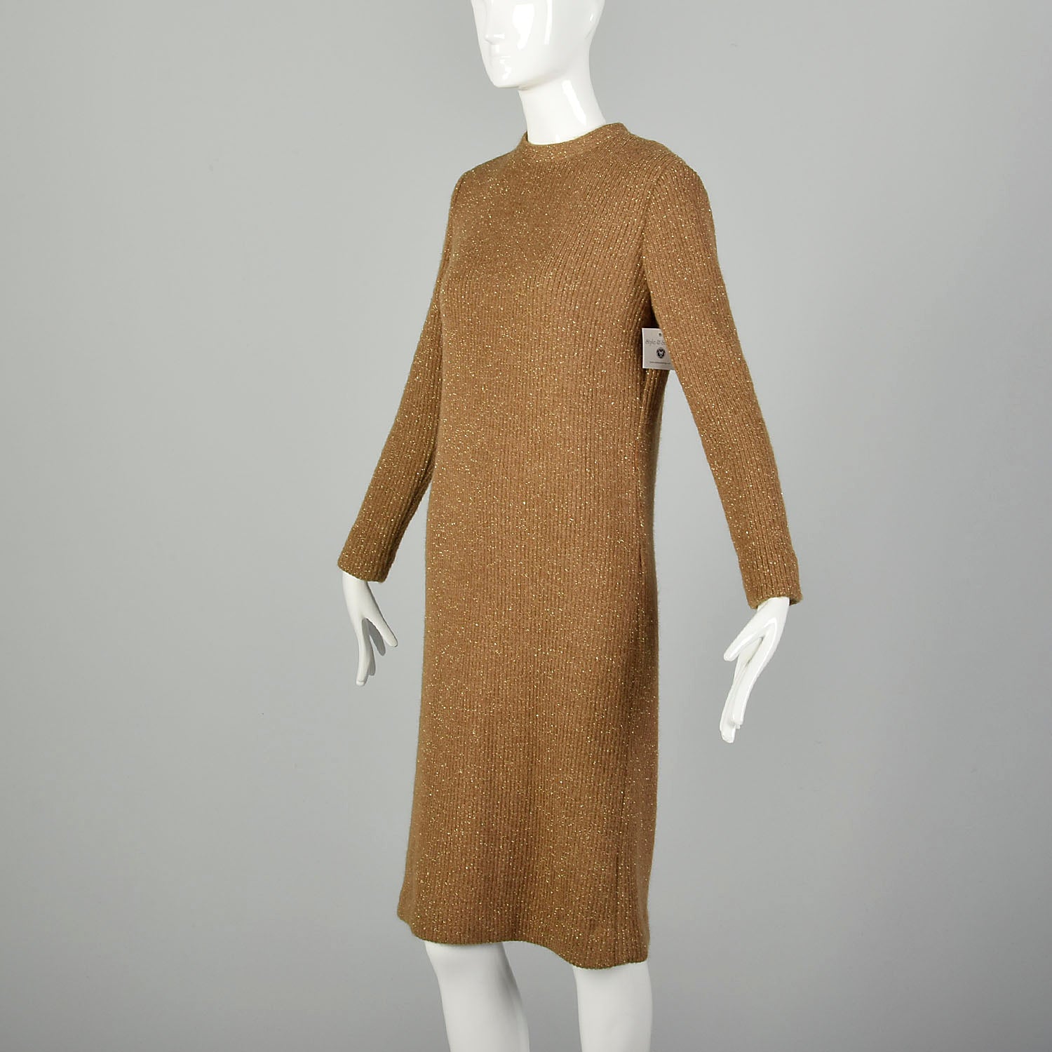 Medium 1970s Sweater Dress Cocktail Metallic Gold Cozy Ribbed Knit
