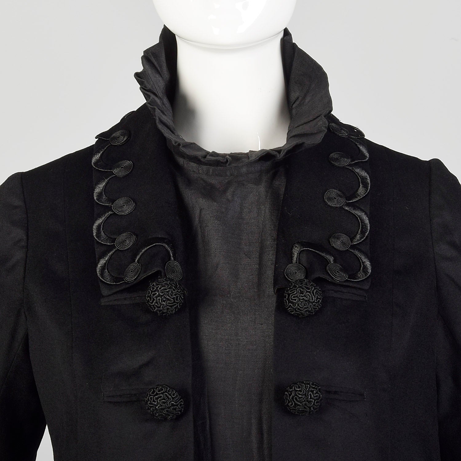 1910s Edwardian Walking Suit Black Wool Cotton Three Piece Ensemble Jacket Blouse Skirt