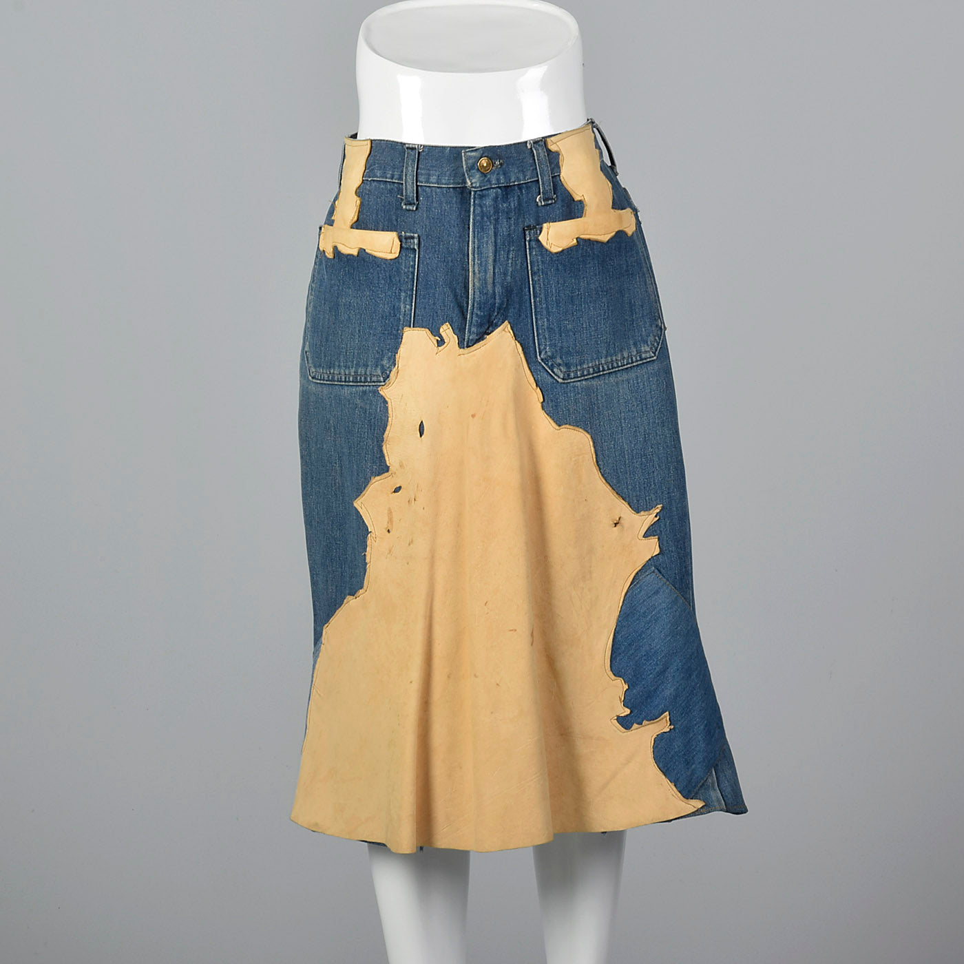 1970s Bohemian  Denim & Leather Patch Skirt