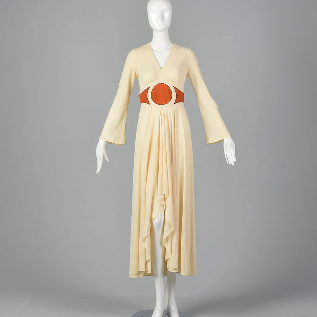 1970s Asymmetric Cream Dress with Suede Applique