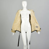 Small 2000s Beige Faux Shearling Lined Brown Leather Jacket Hooded Zip Front Biker Coat