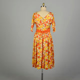Large 1950s Dress Orange Floral Bright Colorful Fit and Flare Swing