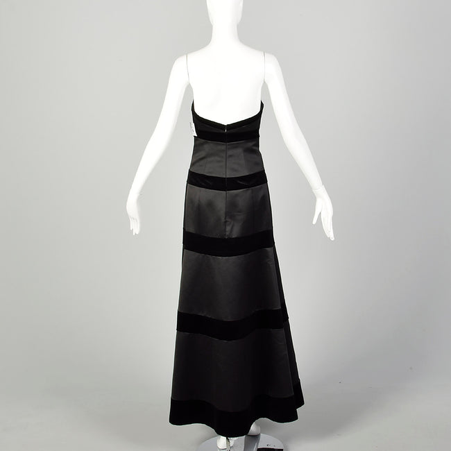 XS 1980s Dress Black Strapless Velvet Stripe Formal Evening Gown