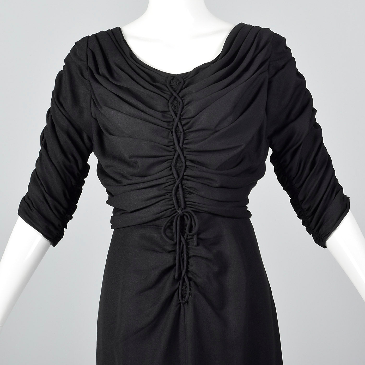 1950s Black Rayon Dress with Gathered Bodice