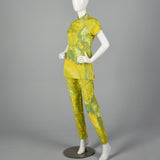 1960s Green and Yellow Print Tunic and Pants Set