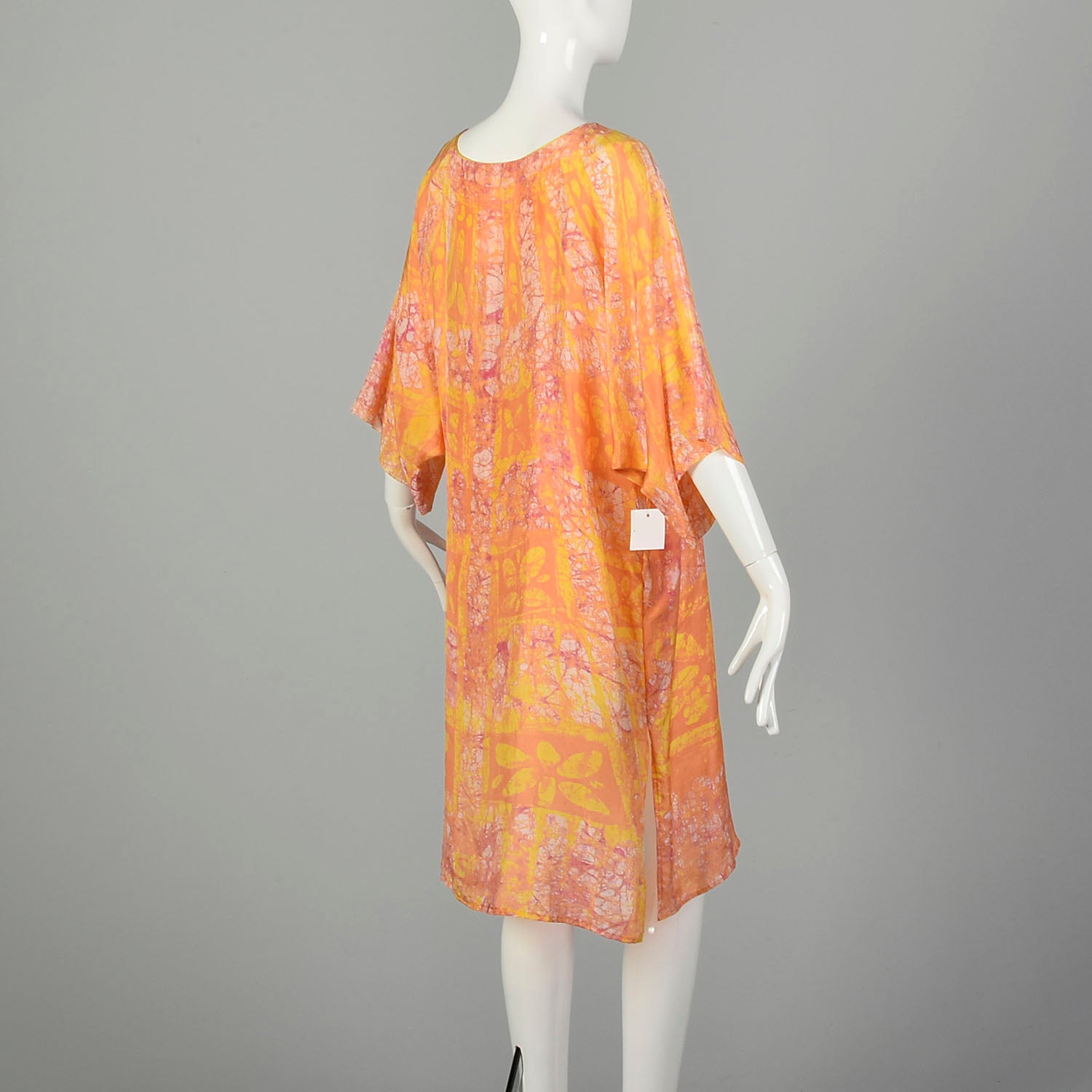 One Size 1970s Orange Yellow Abstract Batik Style Psychedelic Print Dress