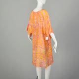 One Size 1970s Orange Yellow Abstract Batik Style Psychedelic Print Dress