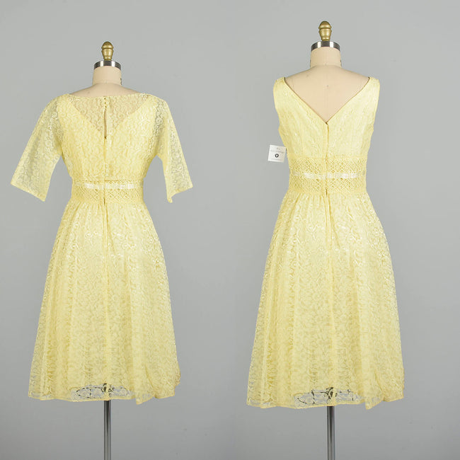 Small 1960s Yellow Lace 2pc Set Crop Top Sleeveless Dress