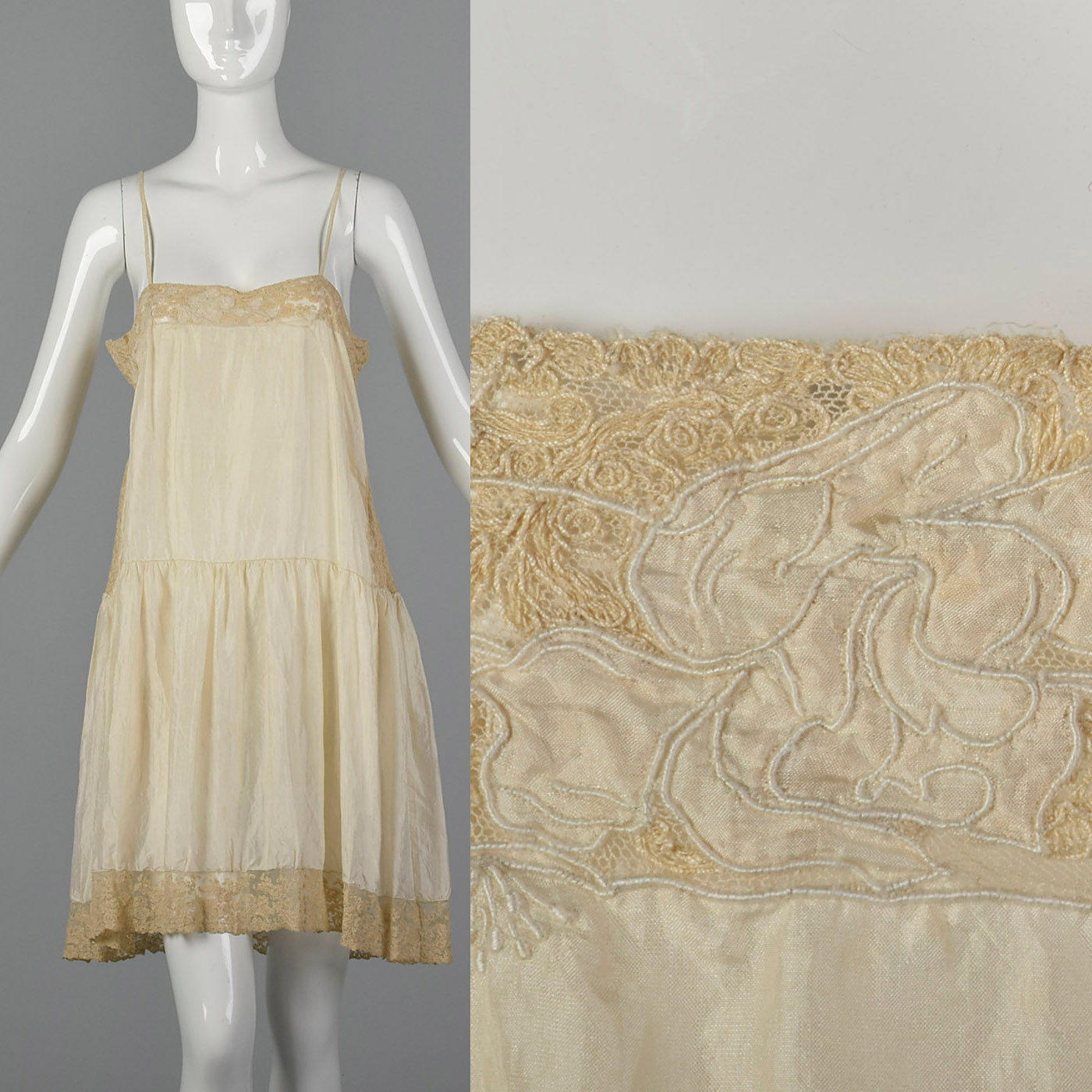 1920s Cream Silk Slip with Lace Trim