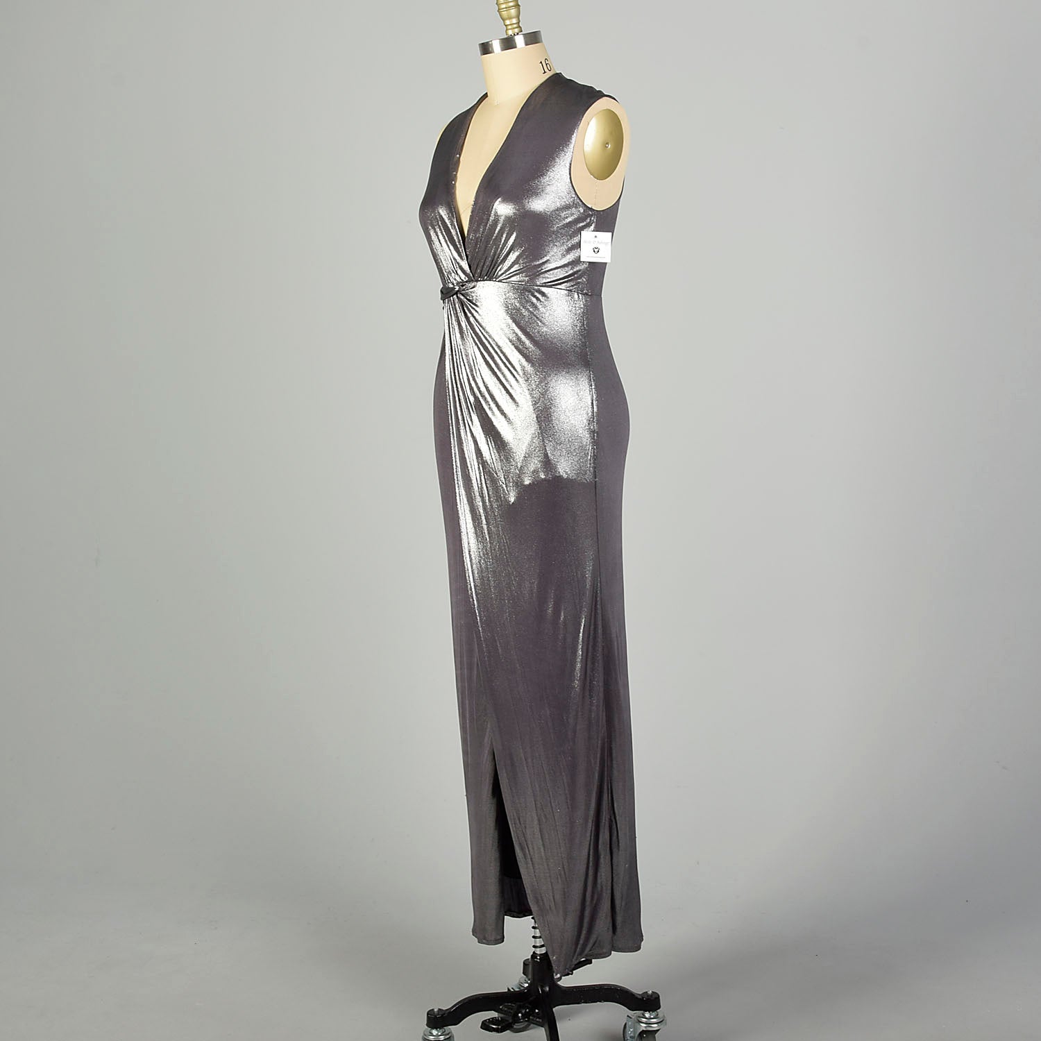 XL Y2K Halston Heritage Dress Metallic Silver Wet-Look Formal Prom Evening Gown