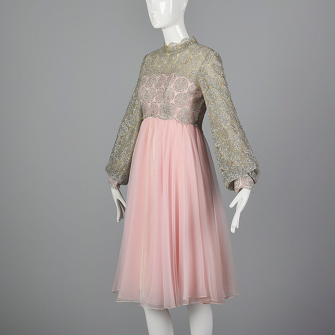 1960s Pink Dress with Silver Lace Overlay