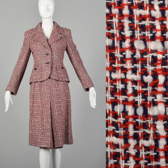 Small 1970s Red White and Blue Tweed Wool Skirt Suit