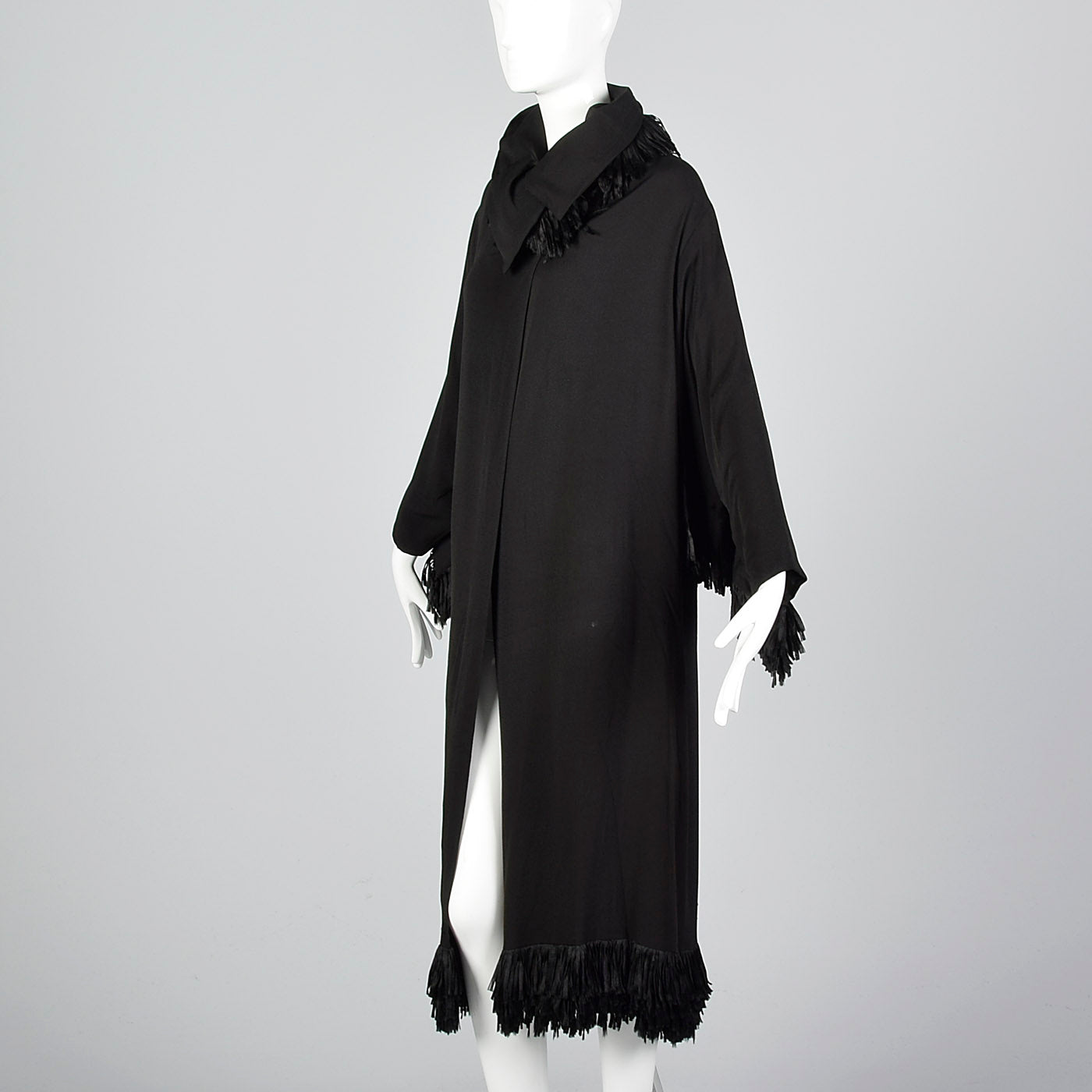 1920s Black Silk Flapper Coat with Fringe Trim