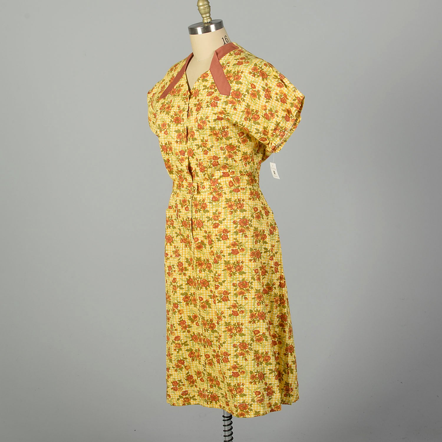 XXL 1960s Housekeeping Uniform Yellow Floral Gingham Cotton Motel Maid Dress