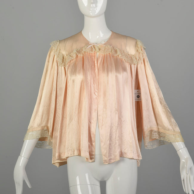 Medium 1950s Bed Jacket Pink Silk Glamorous Boudoir Swing Robe Lingerie