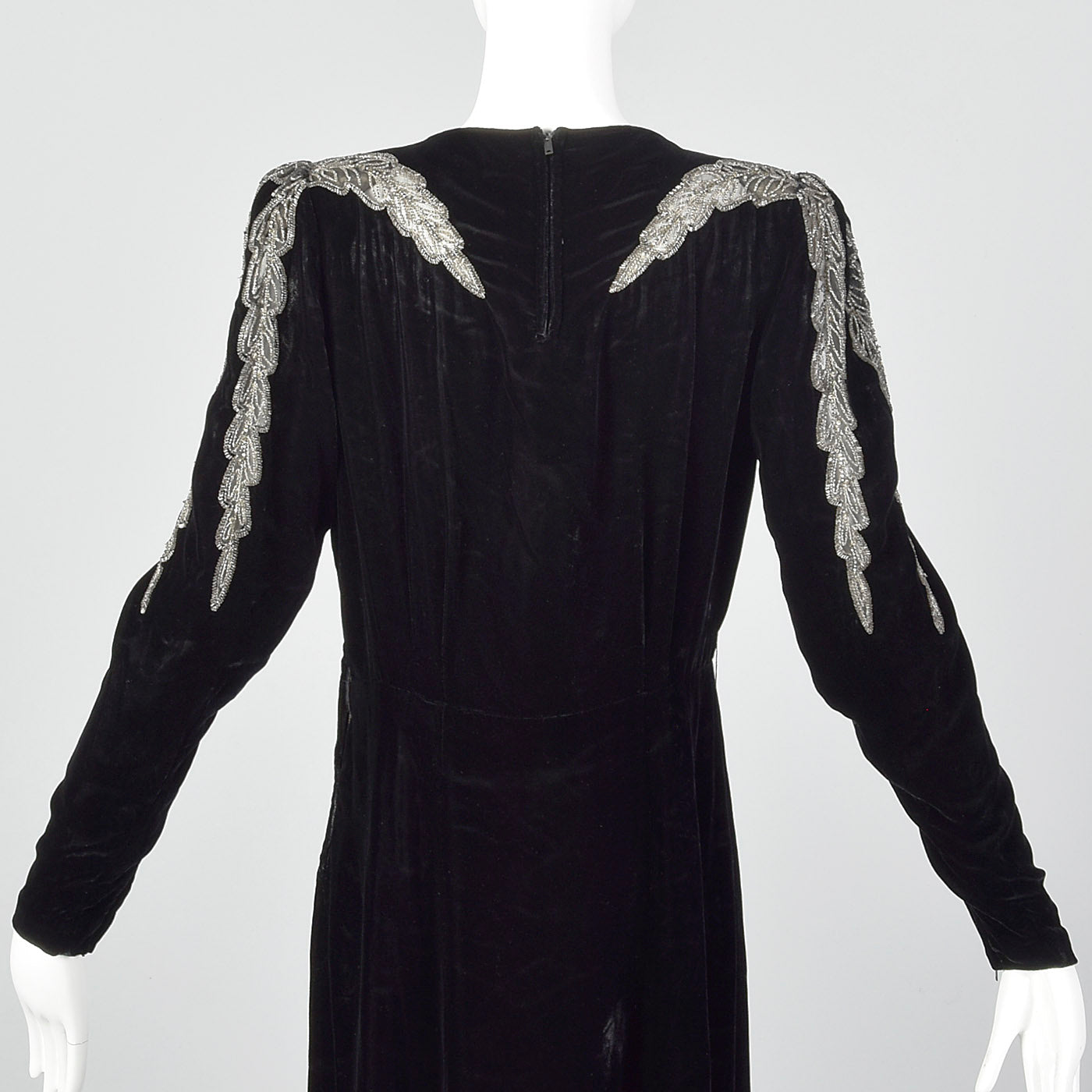 1940s Black Velvet Dress with Sheer Sleeve Design