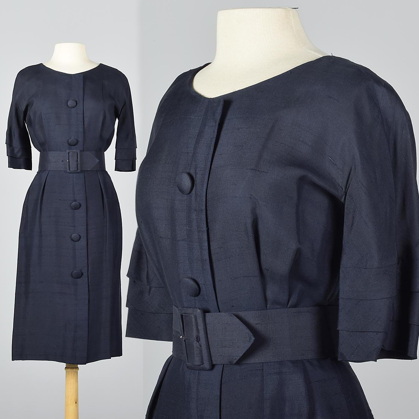 1950s Navy Silk Dress with Wide Belt and Decorative Buttons