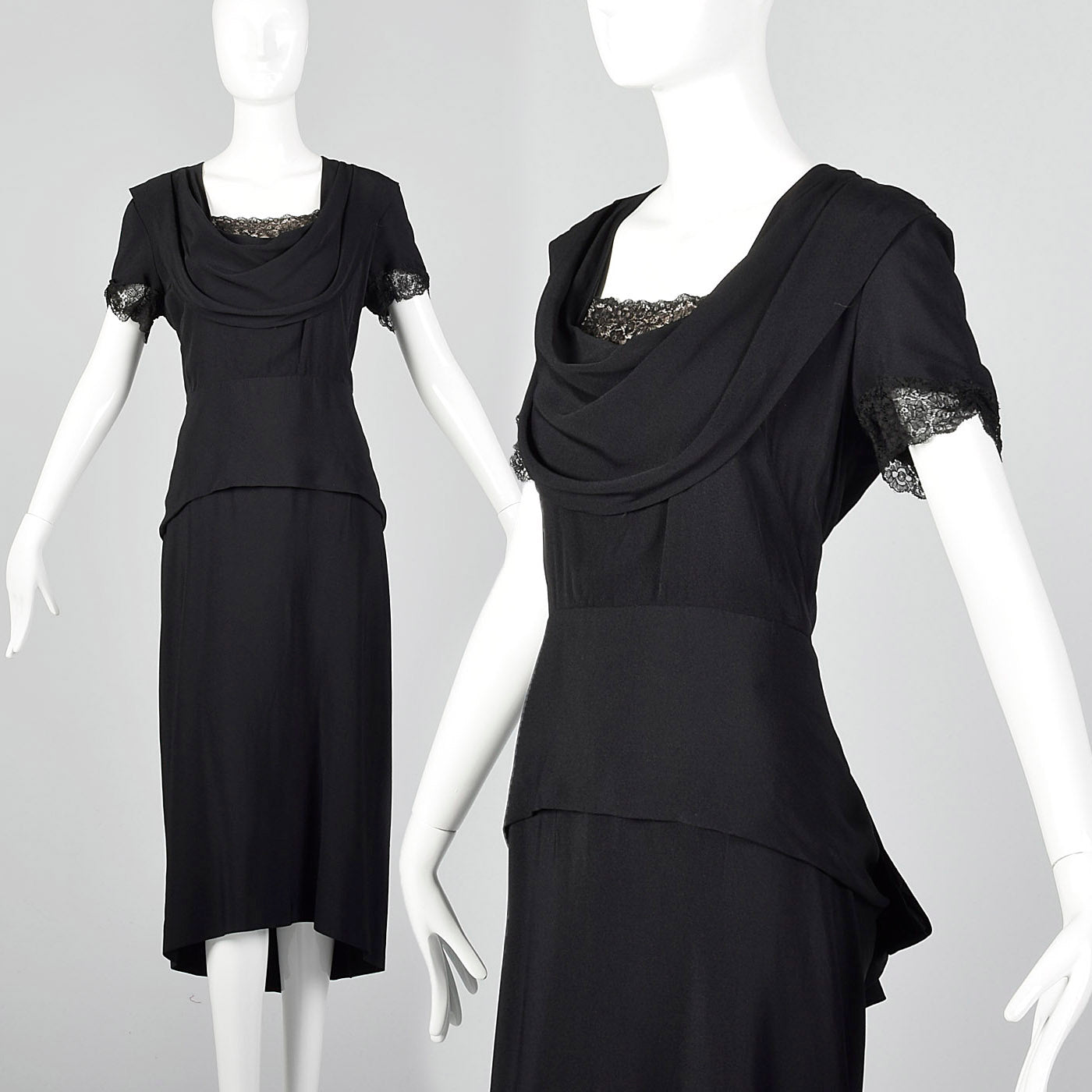 1940s Black Peplum Dress with Lace Collar and Cuffs