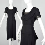 1940s Black Peplum Dress with Lace Collar and Cuffs