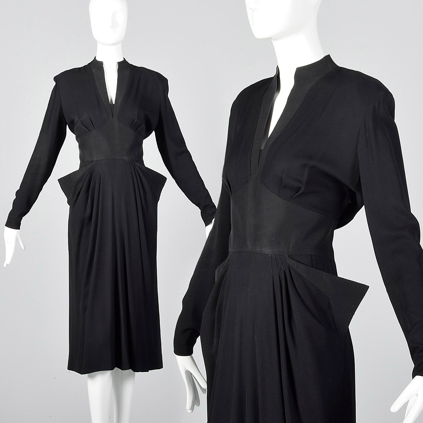 1940s Femme Fatale Black Rayon Dress with Pointed Pockets