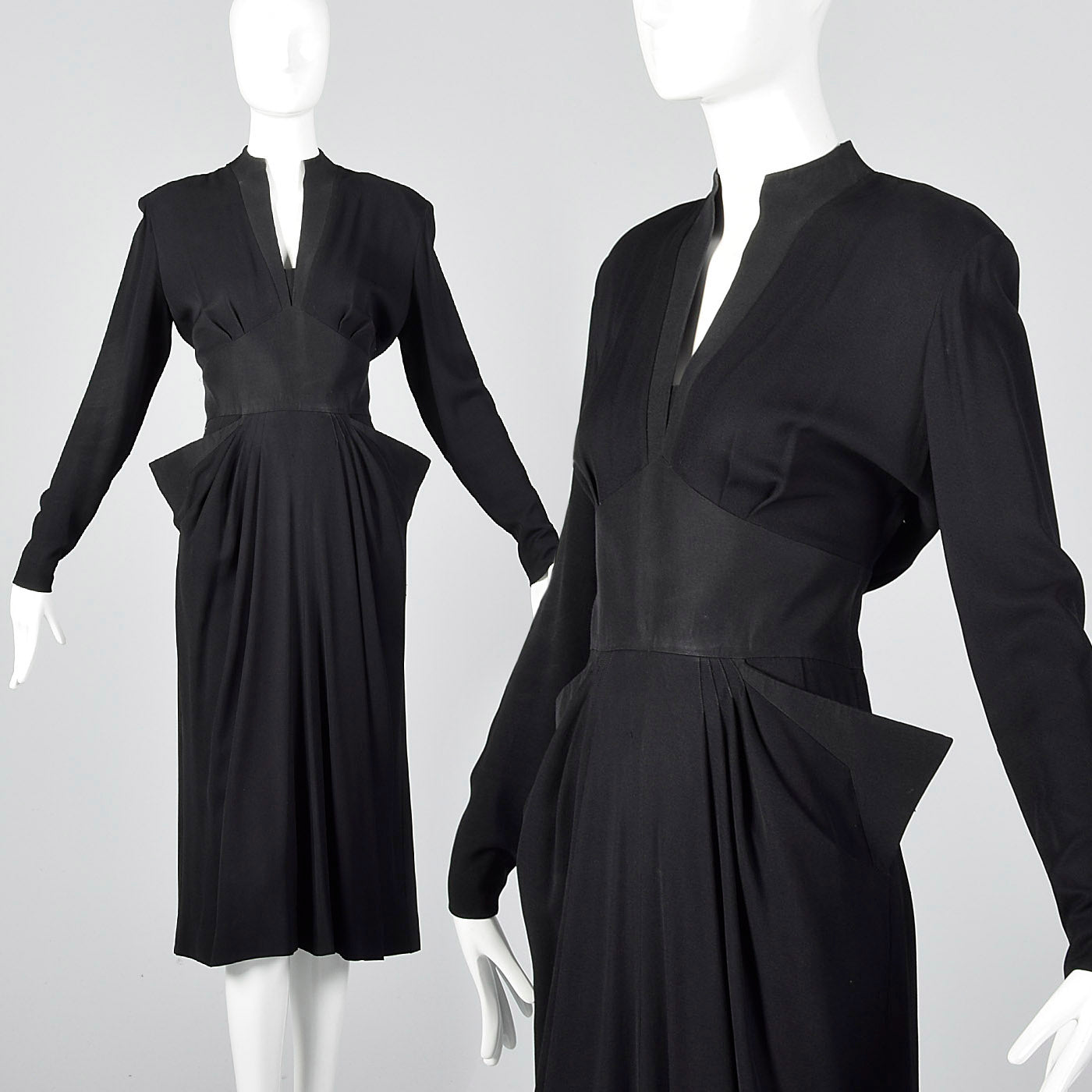 1940s Femme Fatale Black Rayon Dress with Pointed Pockets Style & Salvage 1940s Femme Fatale Black Rayon Dress with Pointed Pockets Style & Salvage