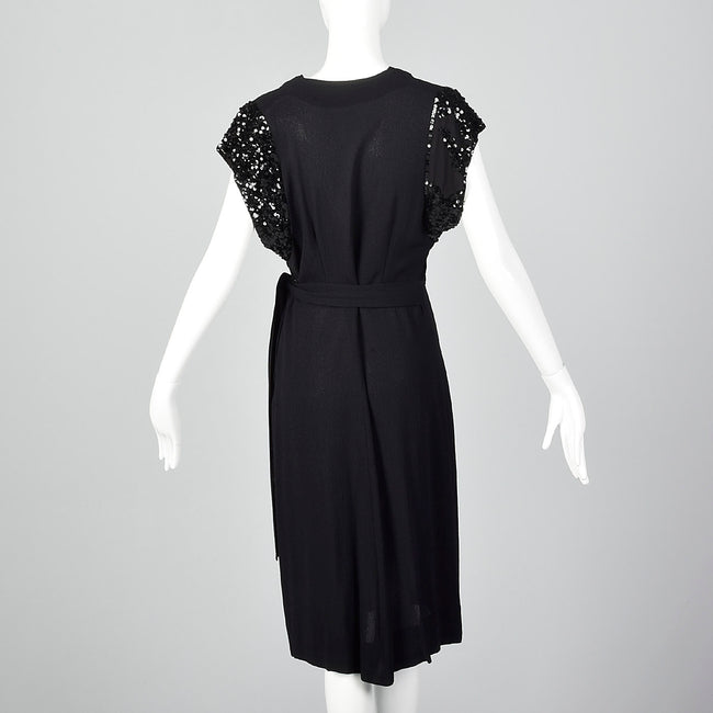 1940s Black Rayon Dress with Sequin Sleeves