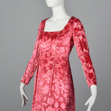 1970s Richilene Pink Burnout Velvet Empire Waist Evening Dress