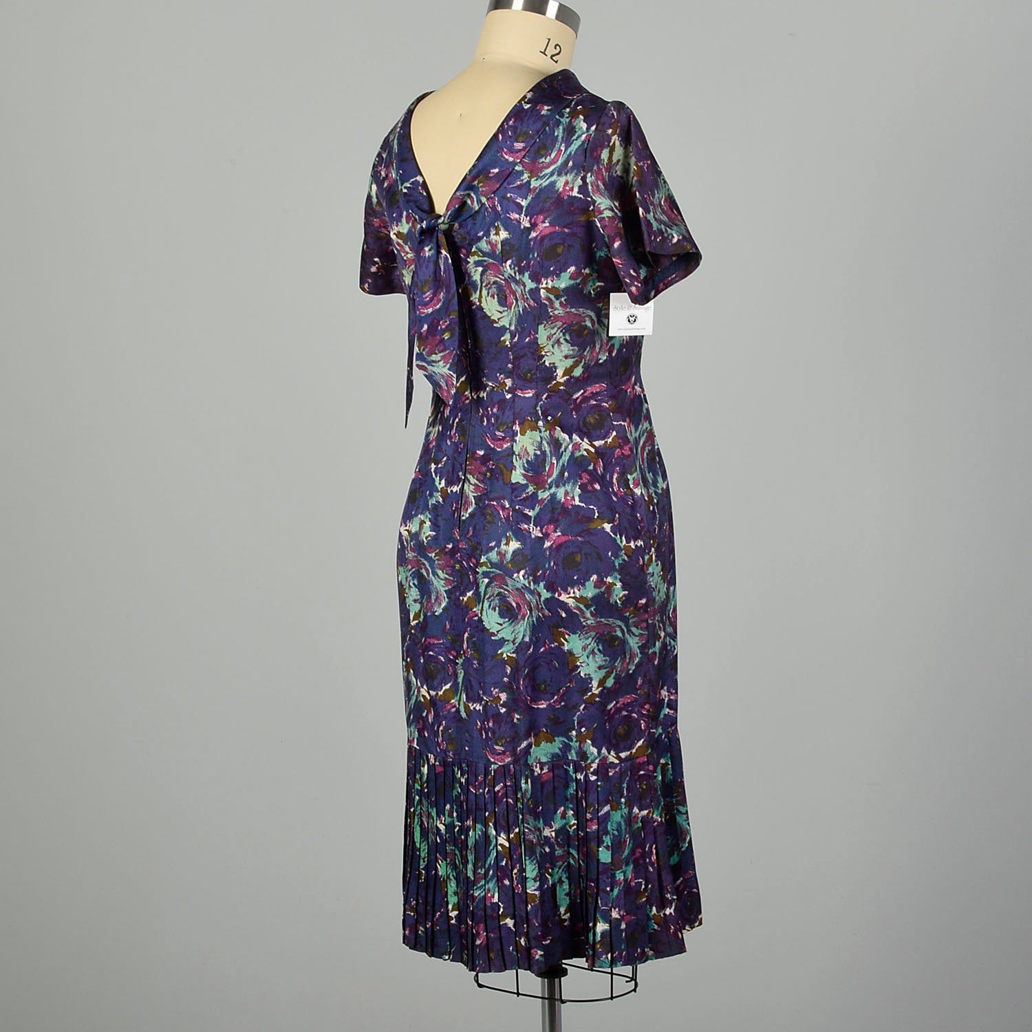 Large 1950s Blue and Purple Swirl Patterned Acetate Dress